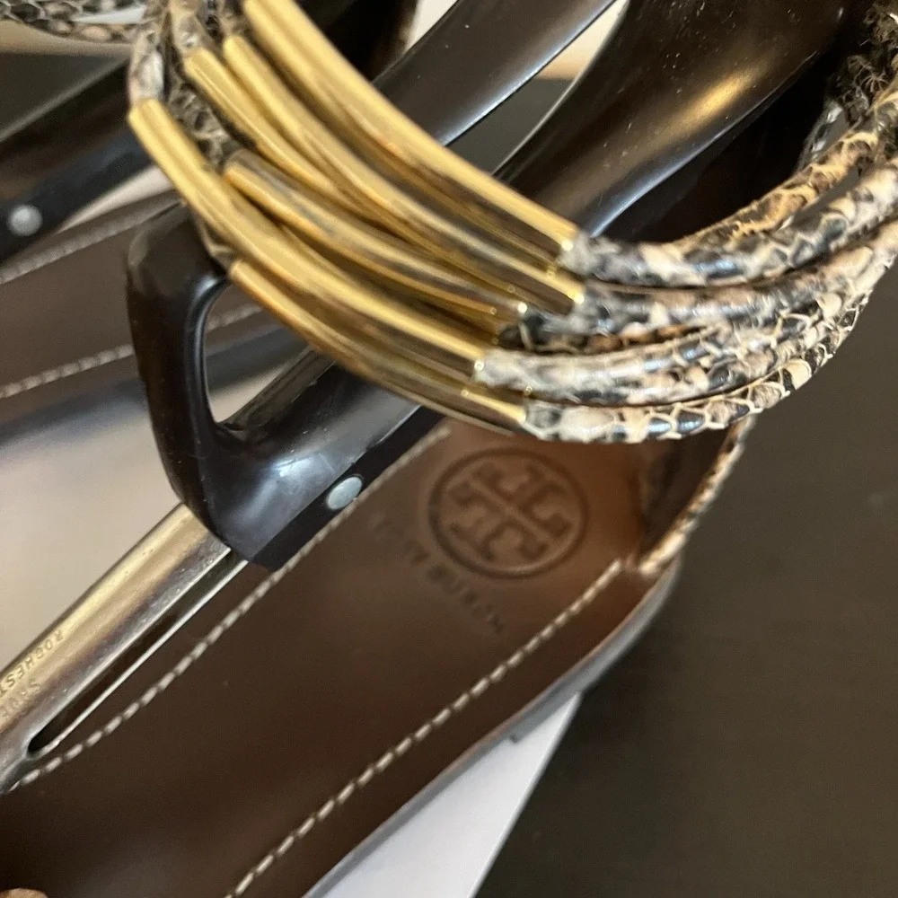 Tory Burch Mignon Rings Snake Print  Leather Sandals Ankle Strap Womens 11 Chic